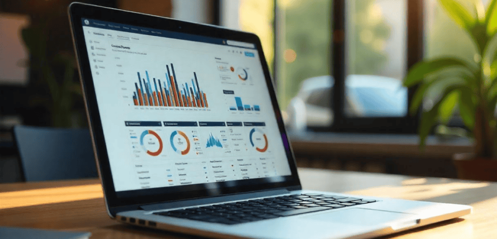 Laptop on the table showing different graphs related to Gym Management Software.