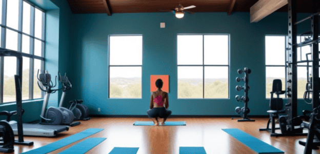 A wide view of Gym where a women is seeing doing excersie.