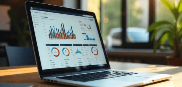 Laptop on the table showing different graphs related to Gym Management Software.