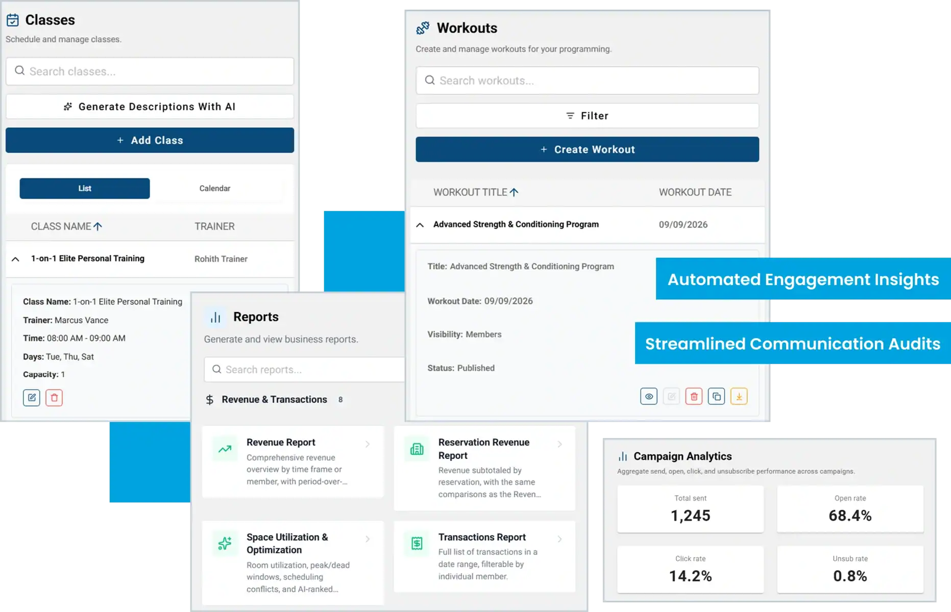 CloudGymManager all-in-one feature dashboard mockup